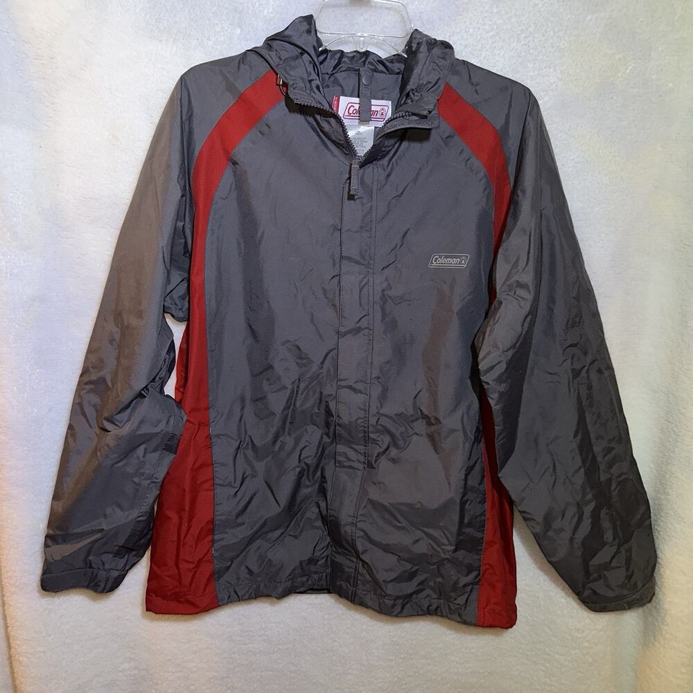 Coleman Mens Medium Gray Red Hooded Full Zip Lightweight Nylon Windbreaker
